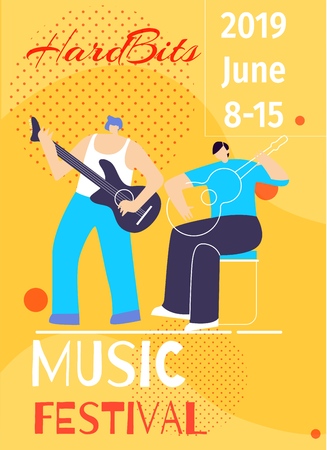 Music Hard Bits Summer Festival Poster Template with Date Trendy Flyer Art Style with Boys Band Playing Guitar on Yellow Copy Space Vector Illustration Flat Designed Brochure Party Time Live Concertのイラスト素材