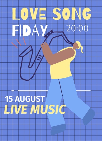 Evening Live Sound Jazz Music Event Advert Flat Poster Vector Illustration Cartoon Afro-American Guy Playing Saxophone over Grid Blue Copy Space Announcement Template Advertisement Promotion Bannerのイラスト素材
