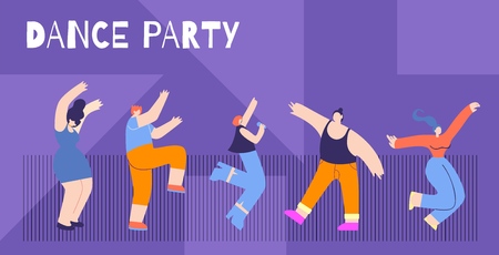 Motivation Flat Horizontal Card Text Dance Party Freedom Take Life Max Concept Cartoon Happy Girl Boy Dancing Clubbing Singing Song Having Fun Vector Style Illustration Inspirational Banner Templateのイラスト素材