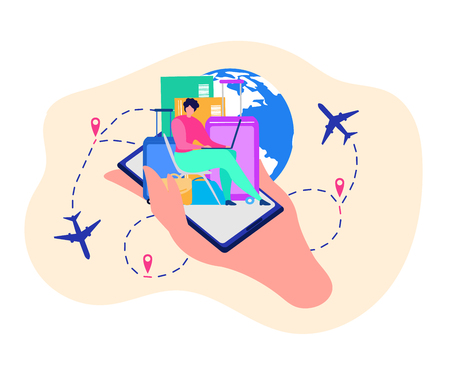 Buying Flight Tickets in Internet, Ordering Airline Company Baggage Transportation Services Online, Planning Vacation Travel with Mobile Application Flat Vector Concept Isolated on White Backgroundのイラスト素材