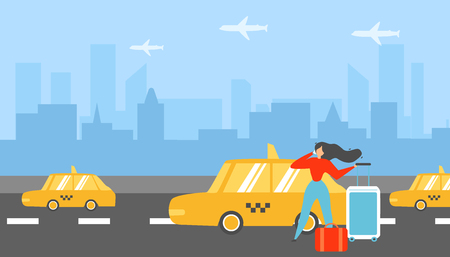 Booking Taxi for Transfer Baggage to Airport Flat Vector Concept with Traveling with Road Bags Woman Calling Taxi, Ordering Transporting Services, Arriving Tourist Booking Hotel Room Illustrationのイラスト素材