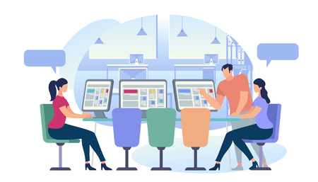 Teamwork in Office. Creative Corporate Team Working by Computers at Desk. Coworking Space with Man and Girls. Social Networking Communication. People in Internet Cafe. Cartoon Flat Vector Illustrationのイラスト素材