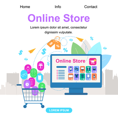 Square Banner with Copy Space. Online Store. Shopcart Trolley with Buys Icons Stand near Large PC Computer Monitor Screen with Website App. Price Tags Signs Around. Shopping Flat Vector Illustrationのイラスト素材