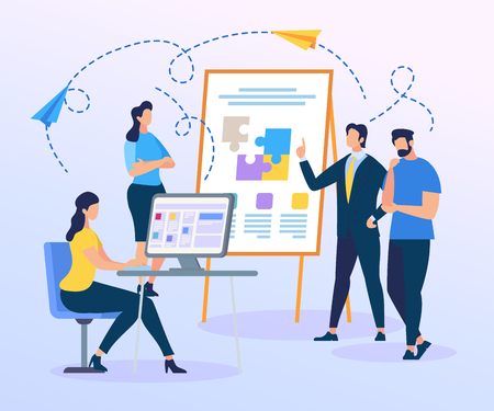Business Trainer Presentation of Colorful Puzzle Pieces on Flip Board. People Work on Team Building. Creation of Successful Project. Men and Women Characters Working Together. Flat Vector Illustrationのイラスト素材
