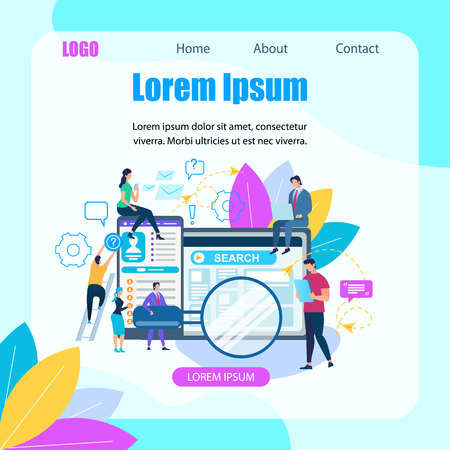 Square Banner with Copy Space. Young People Using Gadgets for Online Search. Men and Women Sitting at Huge Tablet and Smartphone. Magnifier Searching Information. Cartoon Flat Vector Illustrationのイラスト素材