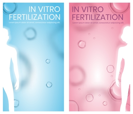 In Vitro Fertilization Vertical Banner Set, Copy Space. Abstract Faceless Man and Woman Silhouettes Stand on Blue and Pink Background with Microscopic Cells View. Medical Vector Realistic Illustrationのイラスト素材