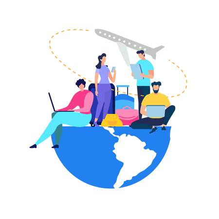 Traveling People Booking Airline Tickets Flat Vector Concept. Men and Women Characters Sitting on Globe, Using Cellphone, Tablet and Laptop to Search Flight Schedule Online, Planning Trip Illustrationのイラスト素材