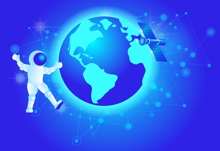 Astronaut in Space Suit Flying in Outer Space. Satellite Spaceship Station Orbiting Earth. Cosmonaut...