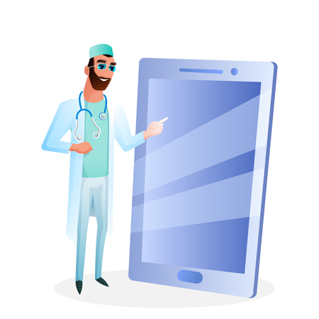 Male Doctor in Glasses Touch Big Smartphone Screen. Bearded Man in Medicine Costume With Stethoscope. Online Diagnosis Consultation Technology of Future. Flat Cartoon Vector Illustrationのイラスト素材