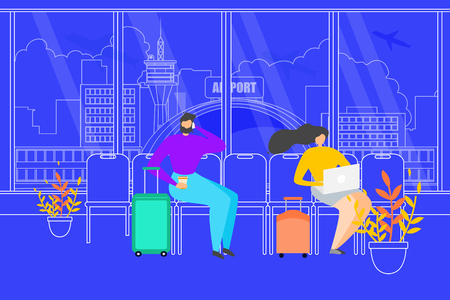 Airline Passengers, Business People in Trip, Traveling with Baggage Tourists, Sitting in Airport Terminal Waiting Area or Lounge, Talking on Cellphone, Working on Laptop Flat Vector Illustrationのイラスト素材