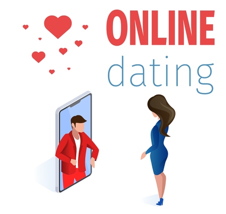 Woman near Mobile Phone Attractive Man on Screen Vector Isometric Illustration. Online Dating Application Concept. Smartphone Digital Internet App Match Love Search Romantic Relationshipのイラスト素材