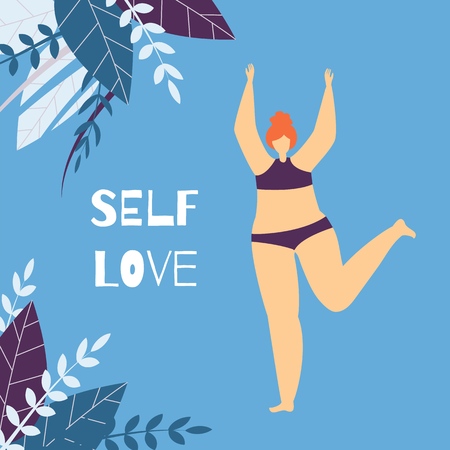 Self Love Body Positive Lettering Woman Motivate Flat Card Wise Phrase and Beautiful Plus Size Satisfied Girl Dancing Posing on Colored Copy Space Inspirational Banner Template with Leaves Designのイラスト素材