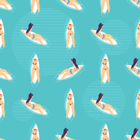 Flat Woman Motivational Body Positive Cartoon Pattern Vector Illustration Relaxing Sunbathing Plus Size Girl in Swimwear Laying on Surfboard Summertime Design Texture Geometric Element Backdropのイラスト素材