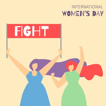 Cartoon Girls Characters Fighting for Rights and Equality, Protesting, Establishing Rules Text on Streamer Motivate Feminist Flat Card International Womens Day Concept Vector Style Illustration Bannerのイラスト素材