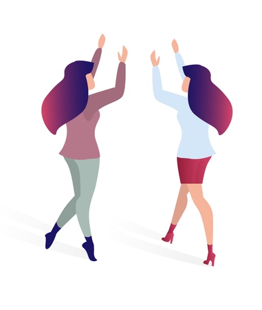 Joyful Meeting Friends Flat Vector Illustration. On Left Beautiful Woman in Casual Pants, Girl Dressed Evening Style and Skirt. White Background Women Raised their Hands Up, Rear View.のイラスト素材