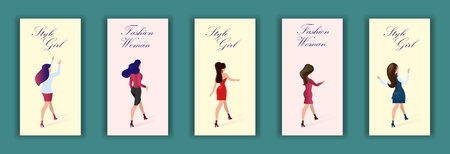 Set Card with Inscription Fashion Woman Style Girl. Vector Illustration Color Background. Women and Girls Full Growth Show New Fashion Collection Clothes. Bold Youth Everyday Kits Weekend.のイラスト素材