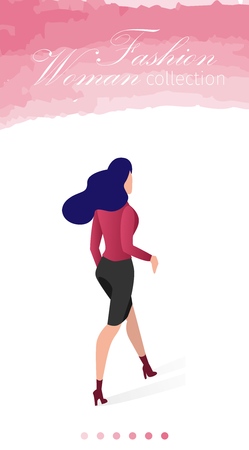 Sticker Fashion Woman Collection Landing Page. Combination Stylish Things any Modern Style. Active Ambitious Woman Wore Pencil Skirt and Goes Forward. Vector Illustration lettering.のイラスト素材
