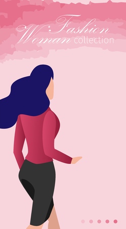 Course Designer Fashion Woman Collection Banner. Vector Illustration Landing Page. Girl Model Narrow Skirt and Blouse Goes Forward. Minimalistic Style Clothes Keeps its Shape Perfectly.のイラスト素材