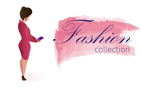 Show Bill Fashion Collection Online Application. Lettering on Watercolor Smear. Catalog Summer Models Online Clothing Store. Woman Wearing Fitting Dress, Holding Smartphone in her Hands.のイラスト素材