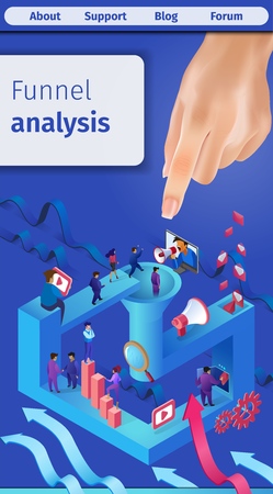 Effective Sales Funnel Analysis Vertical Banner. Vector Flat Illustration on Landing Page, Lettering. Continuous Process Ensuring Efficiency Sales Staff at Each Stage Sale Process.のイラスト素材