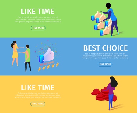 Like Time and Best Choice Horizontal Banner Set with Copy Space. Girl Stand near of Hearts Heap, Man and Woman Couple Shaking Hands, Thumb Up and Five Stars. 3d Flat Vector Isometric Illustration.のイラスト素材