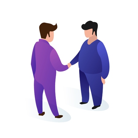 Fat Men in Trendy Suits With no Emotion Face. Office Workers Greet Each other with Handshake. Sedentary Lifestyle Leads to Changes in Shape. Vector Illustration on White Background.のイラスト素材