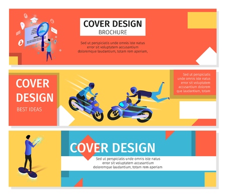 Colorful Horizontal Banners Set with Copy Space. Man Watching Through Magnifier on Employee Profile, Men Extreme Motocycles Riding, Guy Going on Hoverboard. 3D Flat Vector Isometric Illustration.のイラスト素材