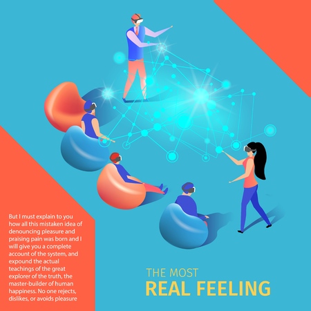 Young People Play Video Game in Augmented and Virtual Reality. Future Technology Entertainment Industry. Gaming. The Most Real Feeling, Square Banner, Copy Space. 3d Flat Vector Isometric Illustrationのイラスト素材