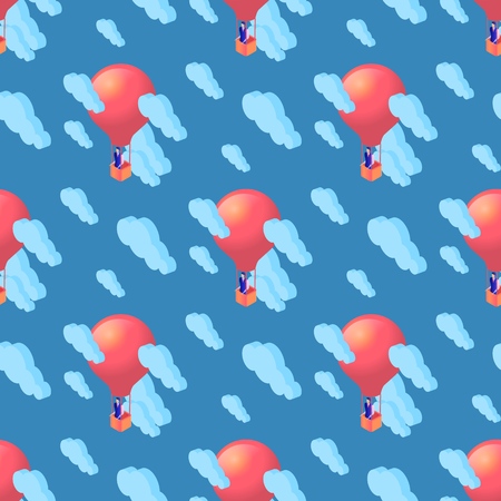 Seamless Creative Pattern of Red Hot Air Ballons with Man Standing at Basket Flying Among Clouds on Blue Background. Texture for Fabric, Textile. Ornament, Print. 3D Isometric Vector Illustration.のイラスト素材