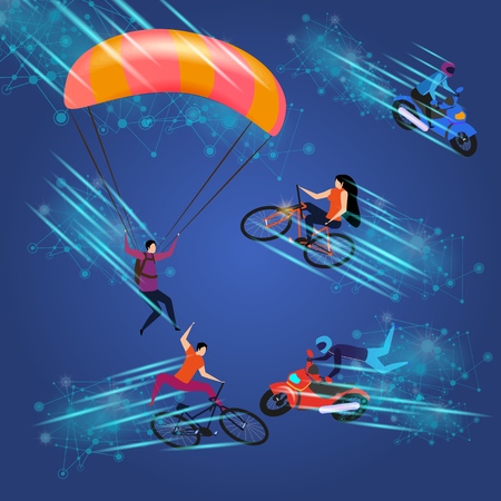 Men and Women Doing Extreme Sportish Activity on Blue Gradient Background with Glowing Speed Trace Pattern. Skydiving, Motocross Racing, Cycling, Active Lifestyle. Flat Vector Isometric Illustrationのイラスト素材