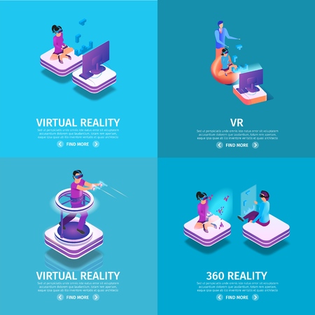 VR Square Banners Set on Blue Gradient Background with Copy Space. Gaming People. Man Playing Video Game in Goggles, Running and Shoot with Guns. Virtual Reality. 3d Flat Vector Isometric Illustrationのイラスト素材