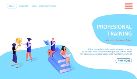 Professional Training Horizontal Banner with Copy Space. Man and Woman Sitting on Books Heap with Laptops. Young Guy and Girl in Academic Hat Hold Goldem Goblet. 3d Flat Vector Isometric Illustration.のイラスト素材