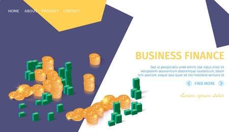 Business Finance Horizontal Banner with Copy Space. Bundles of Green Banknotes and Dollars Coin Sacks Scattered Different Sides. Shining Golden and Paper Money 3d Flat Vector Isometric Illustration.のイラスト素材