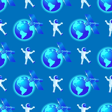 Seamless Pattern. Astronaut Fly in Outer Space. Satellite Spaceship Station Orbiting Earth on Blue Gradient Background. Texture for Fabric, Textile. Ornament, Print. . 3D Vector Isometric Illustrationのイラスト素材