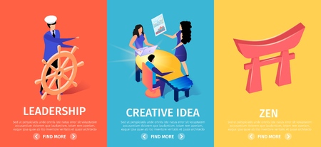 Multicolored Vertical Banners Set with Copy Space. Guy in Cap Driving Steering Wheel, Leadership. People Developing Creative Idea in Office, Zen Hieroglyph Sign. 3D Flat Vector Isometric Illustrationのイラスト素材