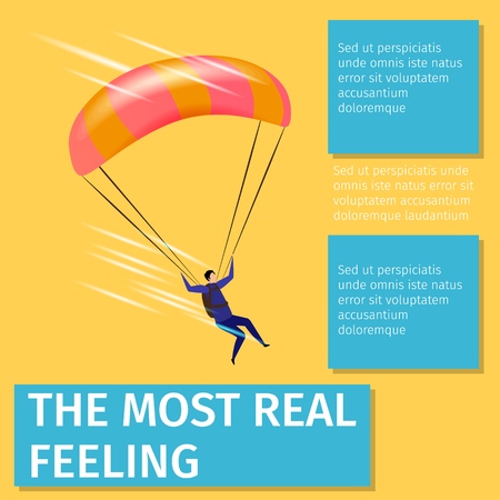 The Most Real Feeling Square Banner with Copy Space. Xtreme Sport. Man Soaring with Parachute. Extreme Sport Exploring Activity. Parachuting. Paraglyding, Skydiving. Flat Vector Isometric Illustrationのイラスト素材