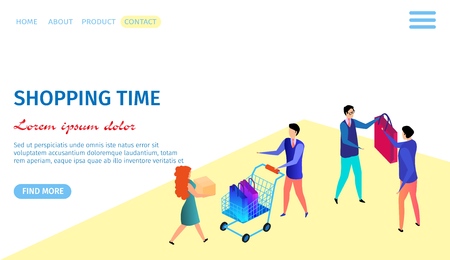 Shopping Time Horizontal Banner with Copy Space. People Purchasing. Men and Women Choosing, Buying and Selling Goods in Shop, Guy Driving Trolley. Woman Carry Box 3D Flat Isometric Vector Illustrationのイラスト素材