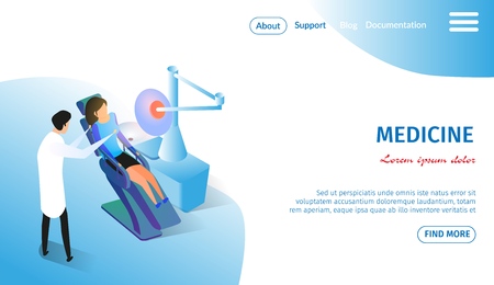Medicine Horizontal Banner with Copy Space. Patient Lying in Medical Chair. Examination by Doctor. Man in White Robe Conducting Girl. Health Check Up in Cabinet. 3D Flat Vector Isometric Illustrationのイラスト素材