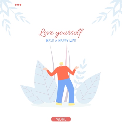 Motivate People Flat Style Page Banner with Inspirational Slogan Love Yourself Text Have Happy Life Concept Vector Admired Guy Character Enjoying Recreation Outdoors Illustration Cartoon Templateのイラスト素材