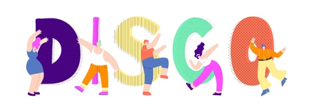 Cartoon Man Woman Characters Dancing Clubbing Big Disco Letters Vector Illustration Design. People Text Dance Party Flyer Decoration Element. Creative Banner Template Dancer Music Conceptのイラスト素材