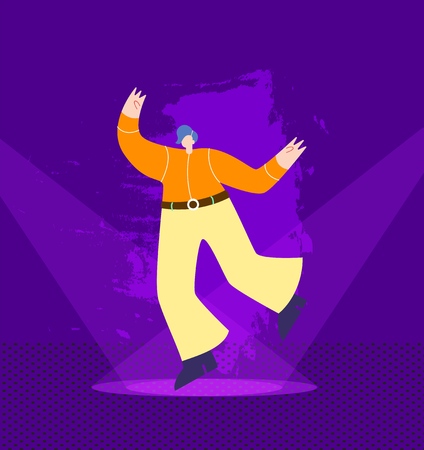 Cartoon Happy Dancing Country Cowboy Man Performing Showing Talent on Illuminated Nightclub Stage Disco Party Marathon Festival Vector Flat Style Illustration Night Competition Discotheque Conceptのイラスト素材
