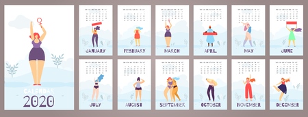 Woman Wall Calendar2020 Twelve Month Feminist Flat Style Print Vector Detailed Girl Trendy Outfit Characters Colorful Fashion Illustration Flat Cartoon Style Banner Template Pocket Collection for Yearのイラスト素材