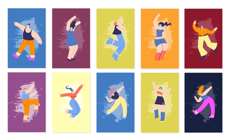 Dancing Happy Disco People Cards Colorful Copy Space Festival Invitation Flayers Set Disco Party Music Marathon Advertisement Vector Design Cartoon Man Woman Greeting Illustration Trendy Modern Styleのイラスト素材