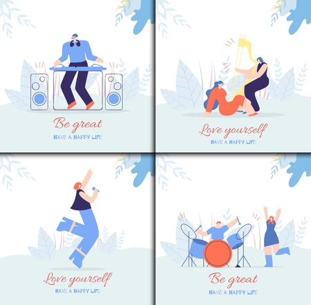 Motivation People Card Set in Dance Music Style Inspiration Slogan to Do Life Happy Love Yourself Be Great Vector Cartoon Characters Enjoying Music Singing Playing Musician Instruments Illustrationのイラスト素材