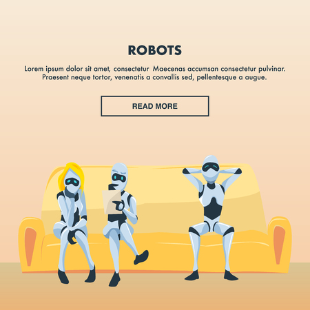 Group of Robot Employee Sit on Comfortable Couch. Office Waiting Room. Relaxed and Nervous Male and Female Artificial Intelligence Character or Android. Flat Cartoon Vector Illustrationのイラスト素材