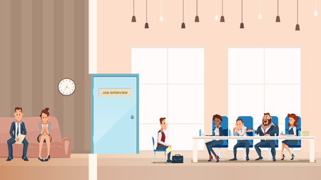Employee on Sofa. Job Interview Process in Office. People Wait in Corridor. Manager Boss in Formal Suit Talk to Male Candidate Character. Coworking Space. Cartoon Flat Vector Illustrationのイラスト素材