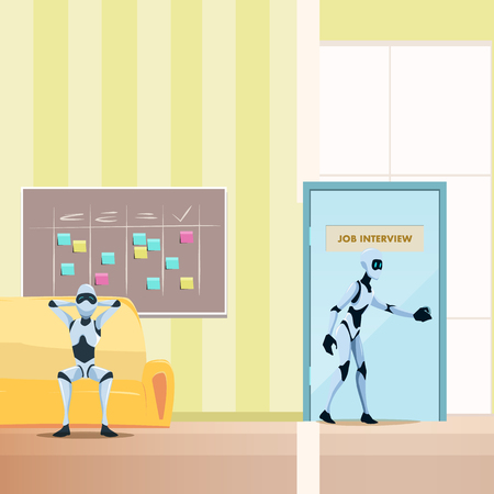 Relaxed Robot on Sofa, Male Bot Walk into Door. Office Waiting Room. Job Interview for Artificial Intelligence Character. Modern Future Technology. Flat Cartoon Vector Illustrationのイラスト素材