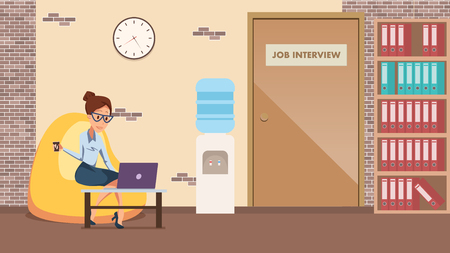 Businesswoman Work by Laptop in Comfortable Office. Woman Character in Glasses Sit on Bean Bag Chair with Computer Cup of Tea or Coffee. Door with Job Interview Sign. Flat Cartoon Vector Illustrationのイラスト素材