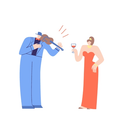 Violinist and Pretty Woman Flat Cartoon Characters. Musician Playing Violin for Young Girl in Elegant Dress Enjoyed Stringed Melody. Private Concert, Rout, Party of Classical Music Vector Illustrationのイラスト素材