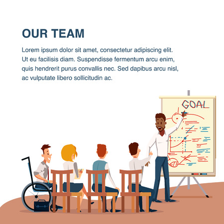 Working Team Presentation or Conference in Office. Business Meeting. Speaker Pointing on Flip Board. Group of Character Sit on Chair, Wheelchair have Discussion. Cartoon Flat Vector Illustrationのイラスト素材